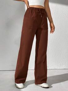 SHEIN Tall Drawstring Waist Slant Pocket Pants - Coffee Brown - View 3