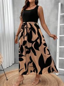 SHEIN Clasi Đầm dài thắt lưng họa tiết tương phản cỡ lớn - Cà phê nâu - Xem 3