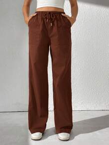 SHEIN Tall Drawstring Waist Slant Pocket Pants - Coffee Brown - View 4
