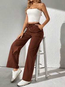 SHEIN Tall Drawstring Waist Slant Pocket Pants - Coffee Brown - View 5