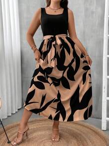 SHEIN Clasi Đầm dài thắt lưng họa tiết tương phản cỡ lớn - Cà phê nâu - Xem 5