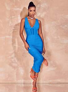 SHEIN BAE Cổ Lao Xù Bustier Lưới Váy bodycon - Màu xanh lam - Xem 1