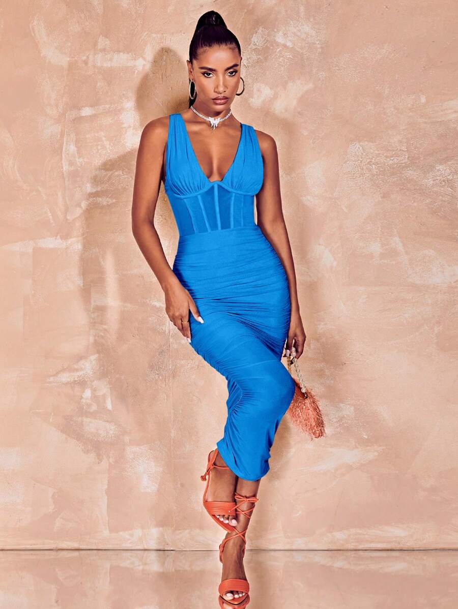 SHEIN BAE Cổ Lao Xù Bustier Lưới Váy bodycon - Màu xanh lam - Xem 1