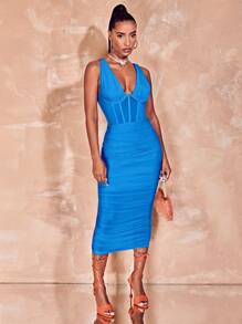 SHEIN BAE Cổ Lao Xù Bustier Lưới Váy bodycon - Màu xanh lam - Xem 3