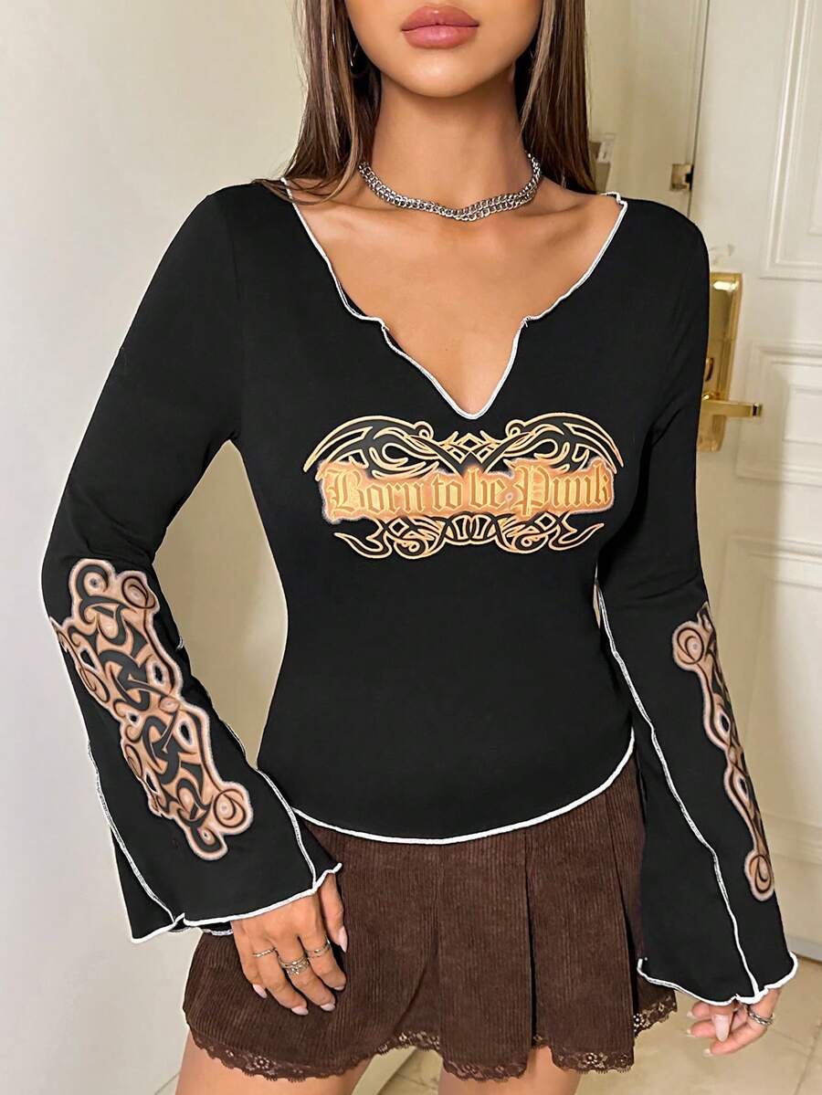 SHEIN ICON 字母圖案缺口領撞色滾邊荷葉袖T恤 - 黑色 - 查看 1