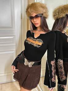 SHEIN ICON 字母圖案缺口領撞色滾邊荷葉袖T恤 - 黑色 - 查看 4