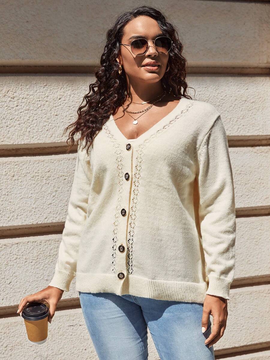 SHEIN LUNE Plus Button Front Cardigan - Apricot - View 1