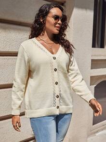 SHEIN LUNE Plus Button Front Cardigan - Apricot - View 3