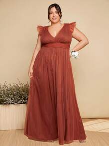 SHEIN Belle Plus V Neck Ruffle Trim Mesh Bridesmaid Dress - Rust Brown - View 3