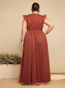 SHEIN Belle Plus V Neck Ruffle Trim Mesh Bridesmaid Dress - Rust Brown - View 4