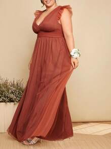 SHEIN Belle Plus V Neck Ruffle Trim Mesh Bridesmaid Dress - Rust Brown - View 5