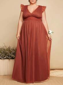 SHEIN Belle Plus V Neck Ruffle Trim Mesh Bridesmaid Dress - Rust Brown - View 2