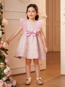 DRMZ 年轻女孩 年轻女孩花卉提花荷叶边饰蝴蝶结前裙 - 彩色 - 查看 7