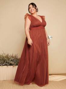 SHEIN Belle Plus V Neck Ruffle Trim Mesh Bridesmaid Dress - Rust Brown - View 7