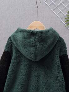 SHEIN Tween Boy Two Tone Letter Patched Kangaroo Pocket Flannel Sweatshirt - Dark Green - View 3