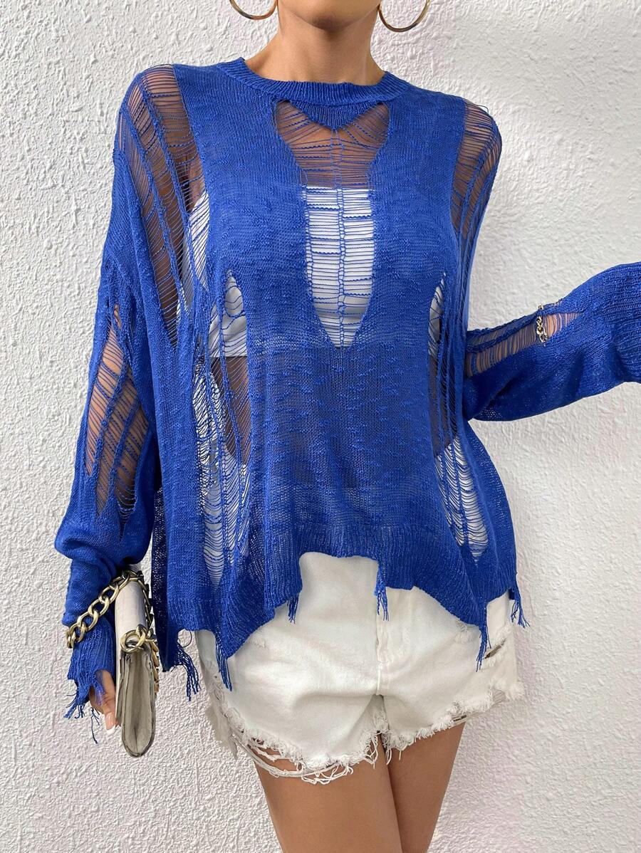 SHEIN ICON 仿舊落肩袖破洞毛衣不附抹胸 - 藍色 - 查看 1
