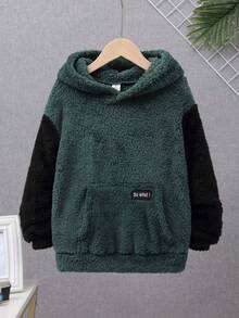 SHEIN Tween Boy Two Tone Letter Patched Kangaroo Pocket Flannel Sweatshirt - Dark Green - View 4