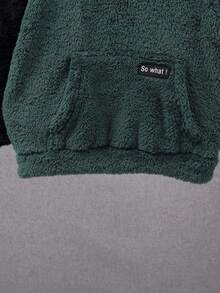 SHEIN Tween Boy Two Tone Letter Patched Kangaroo Pocket Flannel Sweatshirt - Dark Green - View 6