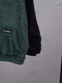 SHEIN Tween Boy Two Tone Letter Patched Kangaroo Pocket Flannel Sweatshirt - Dark Green - View 7