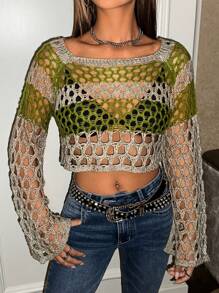 SHEIN ICON Hippie Hollow Out Crop Sweater Without Bra - Multicolor - View 1