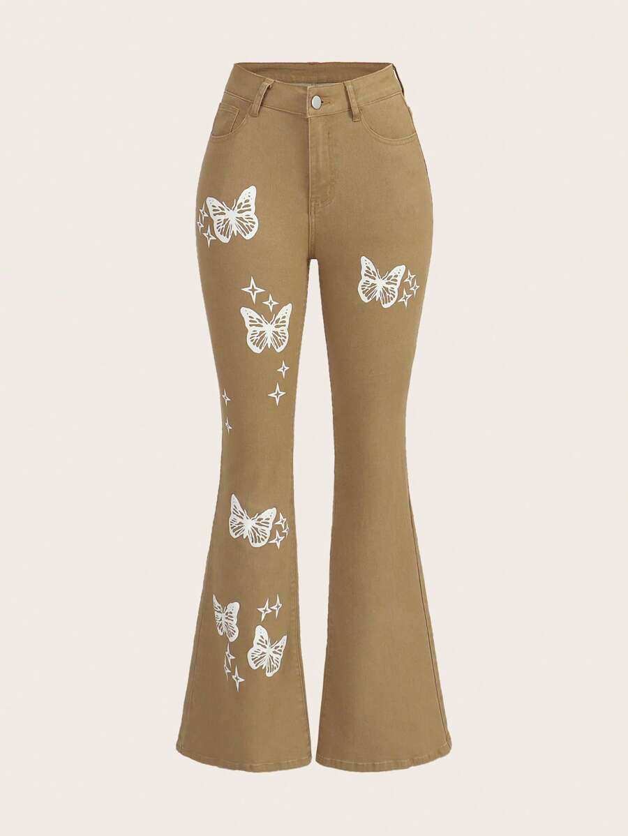 SHEIN MOD Butterfly Print Flare Leg Jeans - Brown - View 1