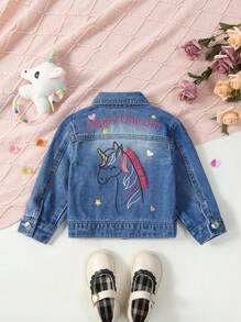 女嬰獨角獸&字母刺繡牛仔夾克 - 中等水洗藍 - 查看 1