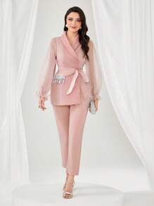 Modelyn Contrast Mesh Flounce Sleeve Belted Coat & Jumpsuit - Baby Pink - View 1