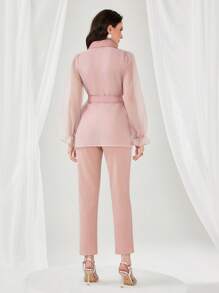 Modelyn Contrast Mesh Flounce Sleeve Belted Coat & Jumpsuit - Baby Pink - View 2