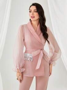 Modelyn Contrast Mesh Flounce Sleeve Belted Coat & Jumpsuit - Baby Pink - View 4