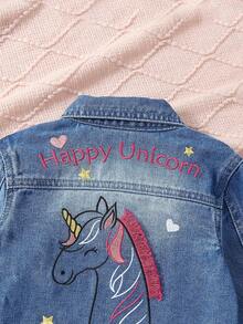 女嬰獨角獸&字母刺繡牛仔夾克 - 中等水洗藍 - 查看 5
