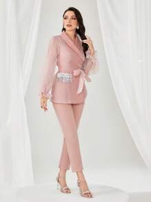 Modelyn Contrast Mesh Flounce Sleeve Belted Coat & Jumpsuit - Baby Pink - View 5