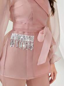 Modelyn Contrast Mesh Flounce Sleeve Belted Coat & Jumpsuit - Baby Pink - View 6