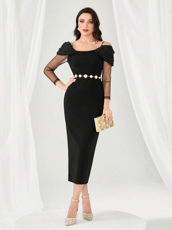 Modelyn Contrast Mesh Umăr Rece Despicat Spatele Rochie Bodycon Fără Curea Rochii De Seara Lungi