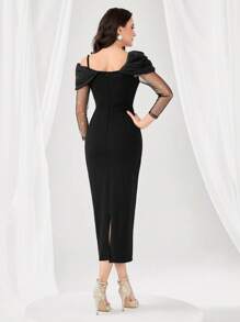 Modelyn Contrast Mesh Cold Shoulder Split Back Bodycon Dress Without Belt Long Evening Dresses - Black - View 2