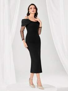 Modelyn Contrast Mesh Cold Shoulder Split Back Bodycon Dress Without Belt Long Evening Dresses - Black - View 3