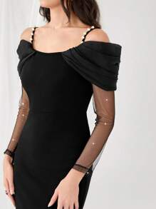 Modelyn Contrast Mesh Cold Shoulder Split Back Bodycon Dress Without Belt Long Evening Dresses - Black - View 6