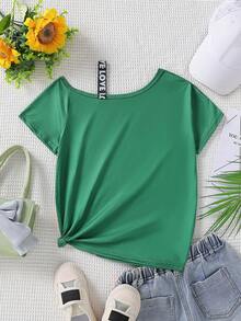 SHEIN Tween Girl Sunflower Print Contrast Letter Tape Asymmetrical Neck Tee - Green - View 2