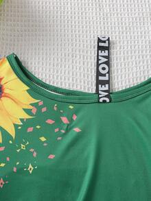SHEIN Tween Girl Sunflower Print Contrast Letter Tape Asymmetrical Neck Tee - Green - View 3