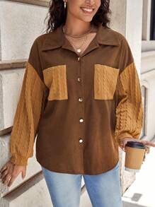 SHEIN LUNE 大碼撞色落肩袖口袋貼布夾克 - 棕色 - 查看 1