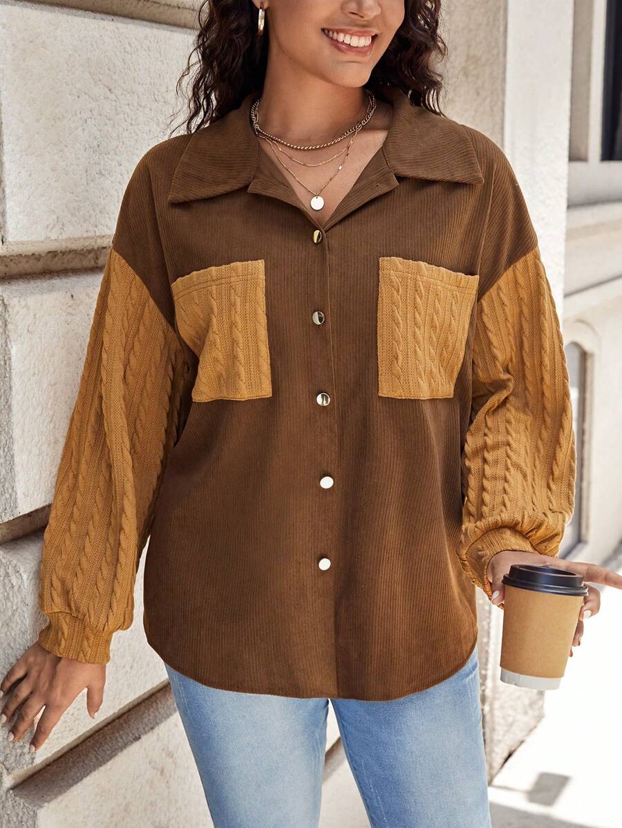 SHEIN LUNE 大碼撞色落肩袖口袋貼布夾克 - 棕色 - 查看 1