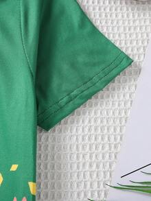 SHEIN Tween Girl Sunflower Print Contrast Letter Tape Asymmetrical Neck Tee - Green - View 6