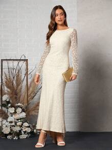 SHEIN Belle Backless Lace Overlay Wedding Dress - Beige - View 3
