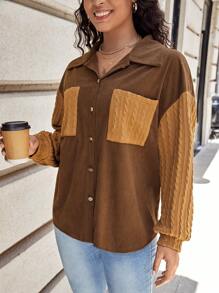 SHEIN LUNE 大碼撞色落肩袖口袋貼布夾克 - 棕色 - 查看 3