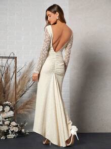 SHEIN Belle Backless Lace Overlay Wedding Dress - Beige - View 2