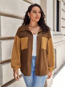 SHEIN LUNE 大碼撞色落肩袖口袋貼布夾克 - 棕色 - 查看 4
