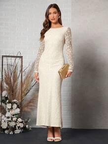 SHEIN Belle Backless Lace Overlay Wedding Dress - Beige - View 4