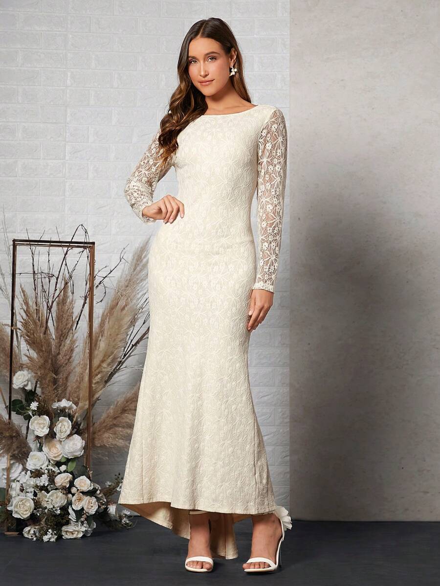 SHEIN Belle Backless Lace Overlay Wedding Dress - Beige - View 1
