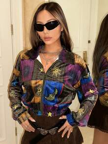 SHEIN ICON Hình in mặt trời & mặt trăng Dây kéo Thả vai Áo khoác - Nhiều màu - Xem 4