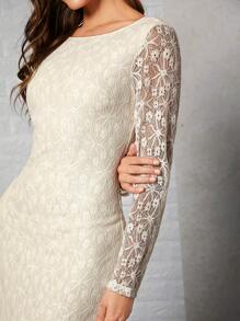 SHEIN Belle Backless Lace Overlay Wedding Dress - Beige - View 5