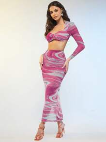 Silquee Marble Print Crop Top & Pencil Skirt - Hot Pink - View 1